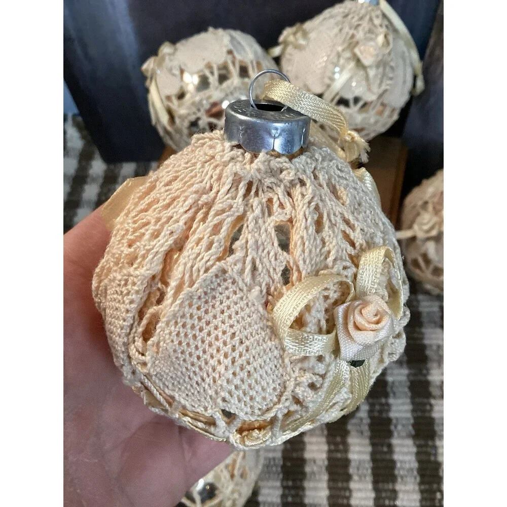 Vintage Alderbrook Lace Covered Silver Glass Christmas Ball Ornaments Set Of 7